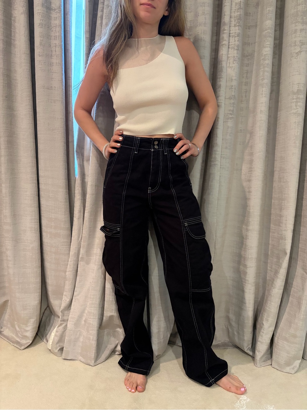 BDG Black Cargo Boyfriend Jeans with White Stitching
